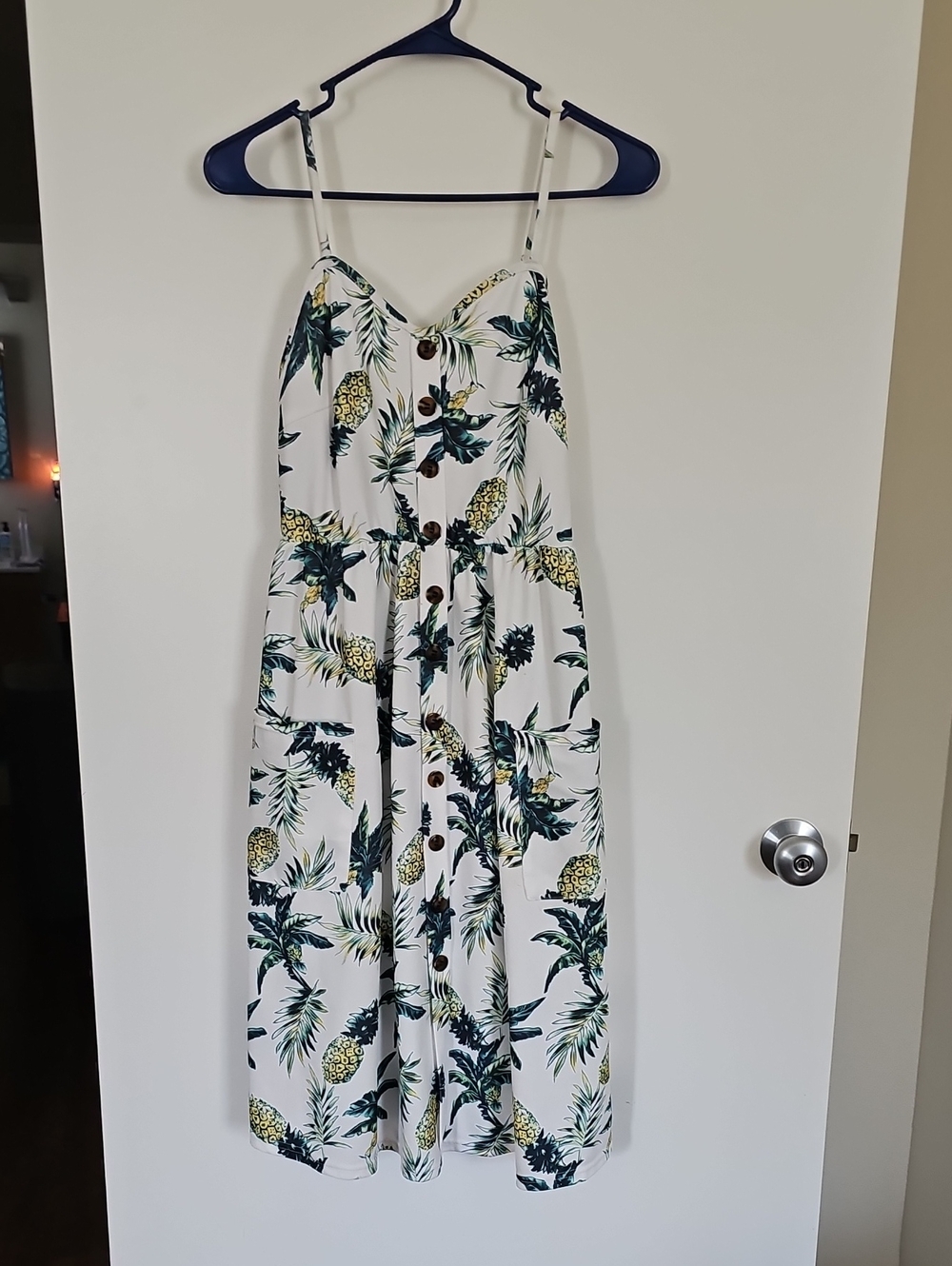 White Pineapple Print Midi Sundress with Button Front